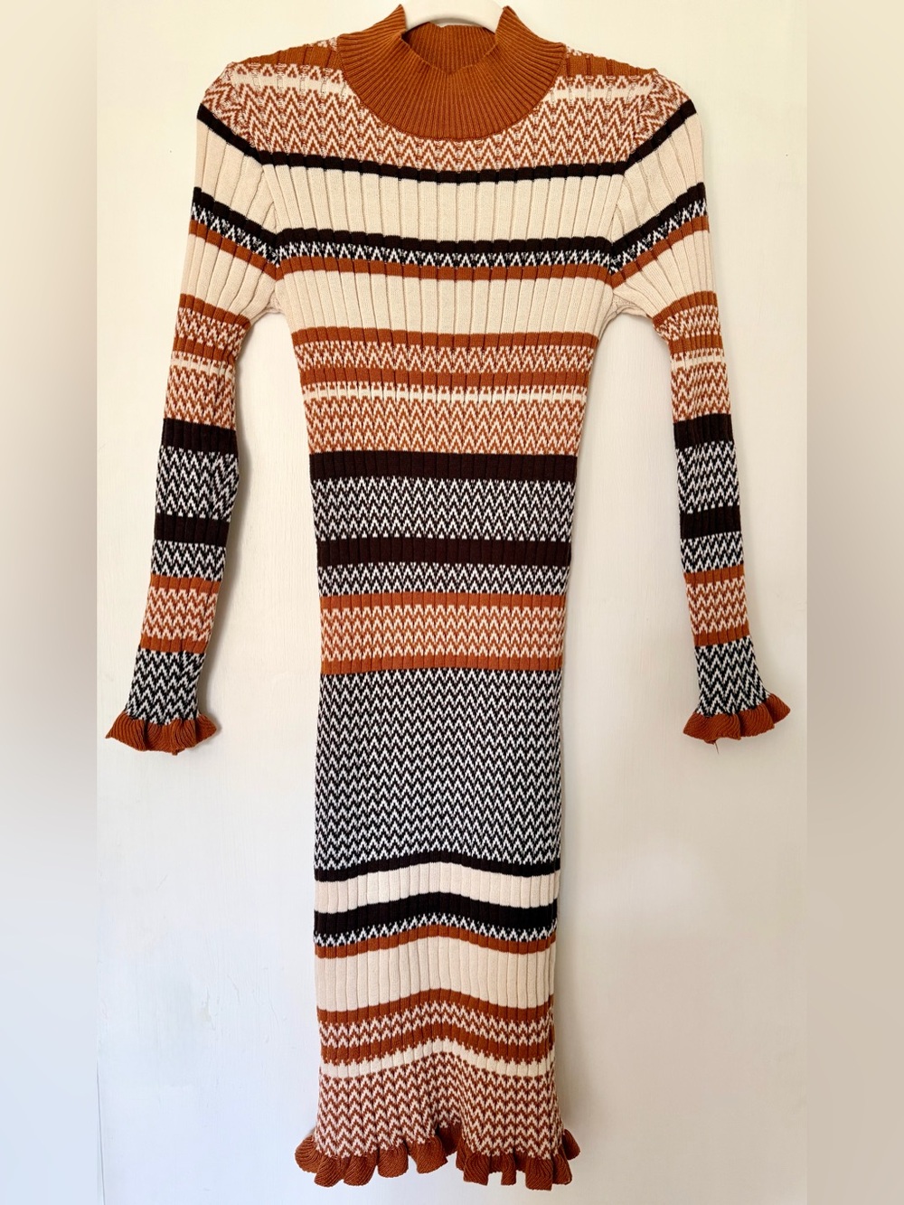 Striped Ribbed Knit Midi Dress in Rust, Cream, Brown, & Black
